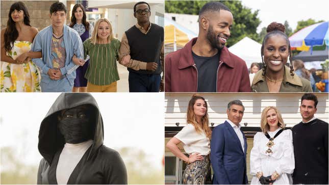 Clockwise from top left: The Good Place (Colleen Hayes/NBC); Insecure (Merie W. Wallace/HBO); Schitt’s Creek (Pop TV); Watchmen (Mark Hill/HBO)