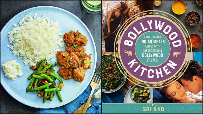 Left: chicken, green beans, and rice. Right: Cover of the "Bollywood Kitchen" cookbook. [Images provided by Houghton Mifflin Harcourt]