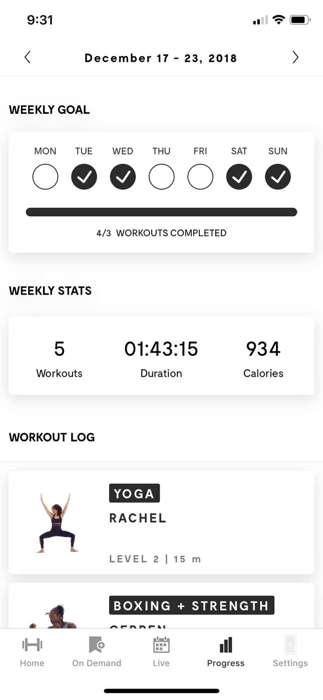 Layar kemajuan saya satu minggu itu saya berjalan keras. (Sulit bagi saya adalah tiga latihan dalam satu minggu.)