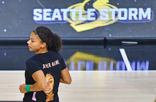 Seattle Storm’s Alysha Clark sports a Breonna Taylor shirt that reads “Say Her Name” before a WNBA game in The Bubble.