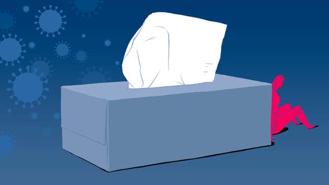 illustration of a person hiding behind a big tissue box