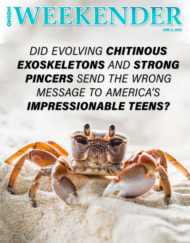 Image for article titled Crabs: Did Evolving Chitinous Exoskeletons And Strong Pincers Send The Wrong Message To America’s Impressionable Teens?