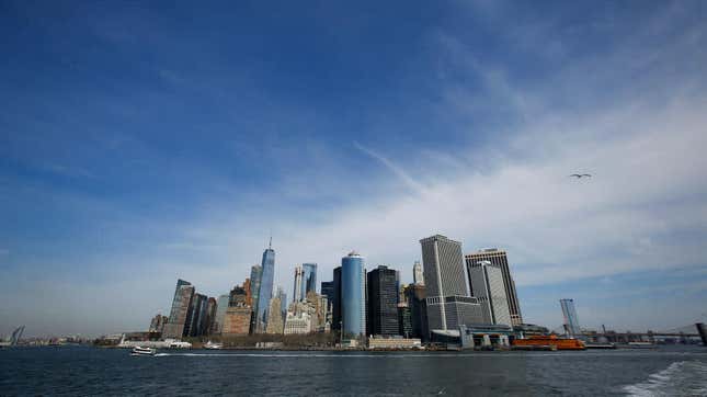 A view of the Lower Manhattan skyline from the Staten Island Ferry, March 14, 2019 in New York City. 