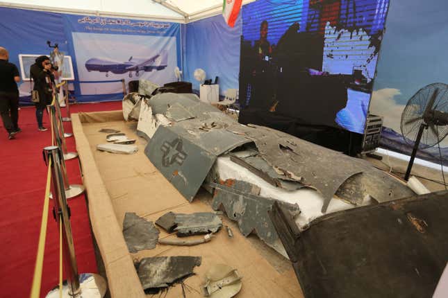 Iranian authorities show off the wreckage of a RQ-4A Global Hawk shot down by Iran’s air defense forces.