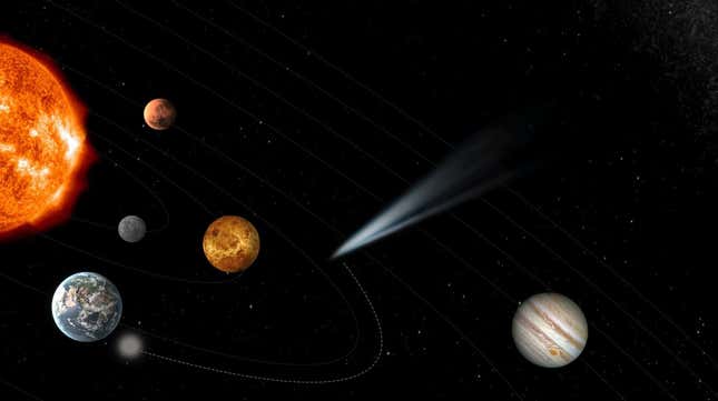 Artist’s conception of the Comet Interceptor mission. Graphic is not to scale. Obviously.