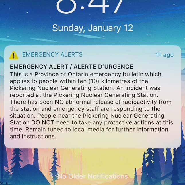 Image for article titled Alert Warning of 'Emergency' at Canadian Nuclear Plant Sent by Mistake, Officials Say