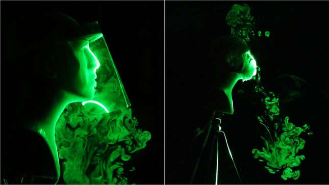 Using lasers, engineers at Florida Atlantic University were able to visualize what happens to aerosolized droplets when they’re exhaled out through a face shield (left) or N95 mask with an exhaust valve (right). 