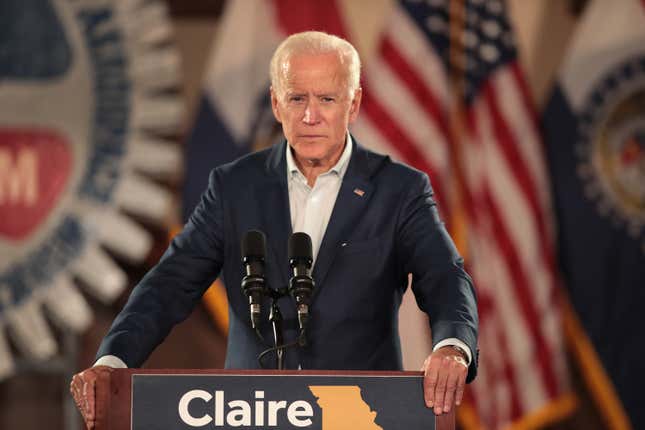 Former Vice President Joe Biden speaks to supporters of Senator Claire McCaskill at a ‘get out the vote’ rally on October 31, 2018 in Bridgeton, Missouri. 