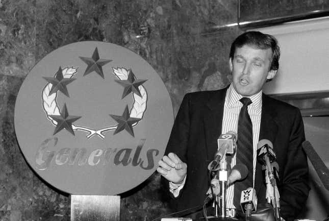 New Jersey Generals owner Donald Trump speaks to reporters after he and fellow United States Football League owners met in Teaneck, N.J., April 29, 1985.