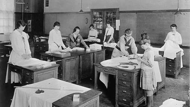 Girl Scouts sewing for the war effort, 1917