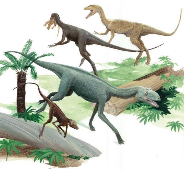Interpretación artística de dos lagerpétidos al frente, y dos dinosaurios al fondo de la imagen.