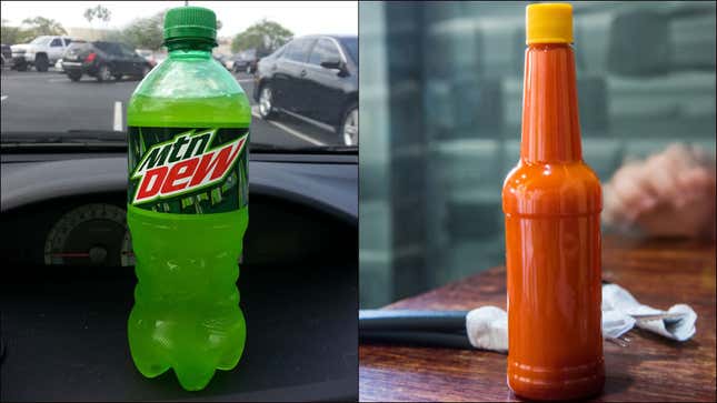 A bottle of Mountain Dew and a bottle of hot sauce