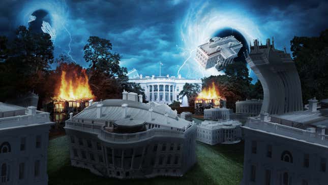 Image for article titled Dozens Of White Houses Materialize From Temporal Vortex As Trump’s Changing Account Of Putin Meeting Tears Apart Space-Time