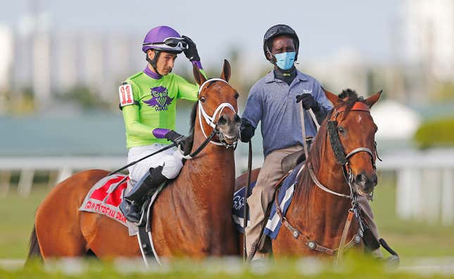 An outrider, wearing a protective mask, escorts a jockey and horse prior to the 68th running of the The Appleton at Gulfstream Park back in March.