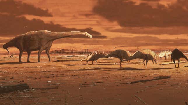 Artist’s depiction of dinosaurs living on the Isle of Skye during the Middle Jurassic period. 