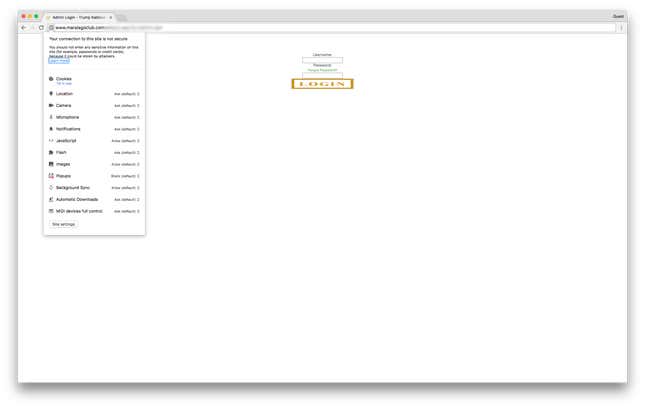 A Mar-a-Lago login page hosted on a website without standard encryption. An intruder who gained access to Mar-a-Lago’s network could be able to obtain the username and password of anyone logging in.