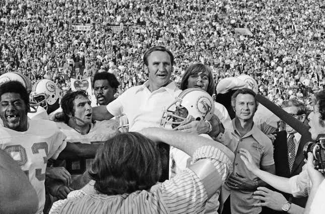 Don Shula is carried off the field after leading the Dolphins to the NFL’s only perfect season.
