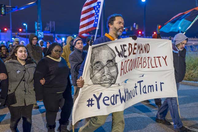 Demonstrators march on Ontario St. on Dec. 29, 2015, in Cleveland, Ohio. Protestors took to the street the day after a grand jury declined to indict Cleveland Police officer Timothy Loehmann for the fatal shooting of Tamir Rice on Nov. 22, 2014. 