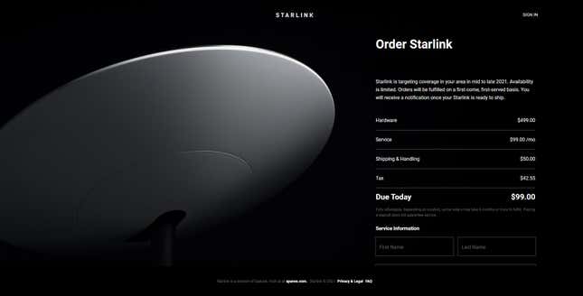 Image for article titled SpaceX Officially Opens Starlink Preorders