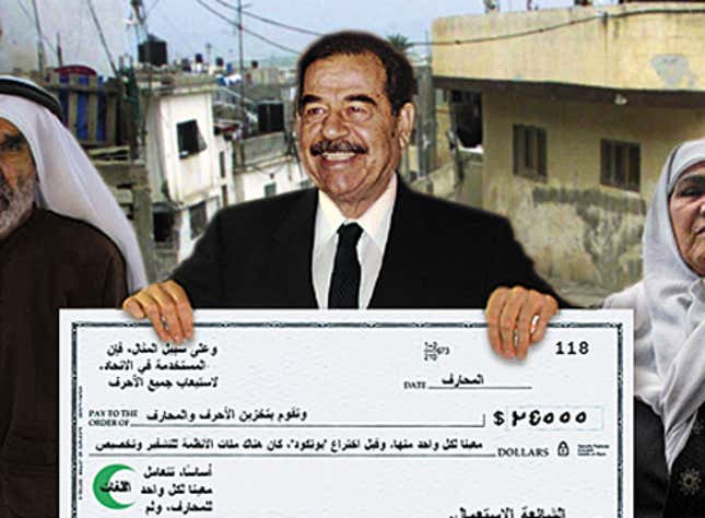 Image for article titled Saddam Hussein Presents Suicide Bomber&#39;s Family With Oversized Check