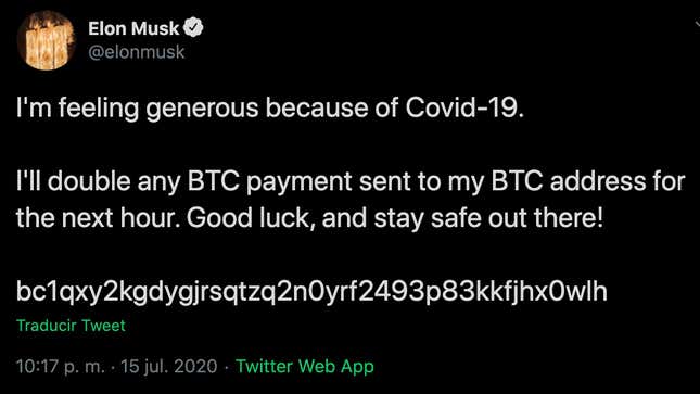 Imagen para el artículo titulado Hackean a Elon Musk, Bill Gates, Jeff Bezos y Apple en Twitter para publicar una estafa de Bitcoin