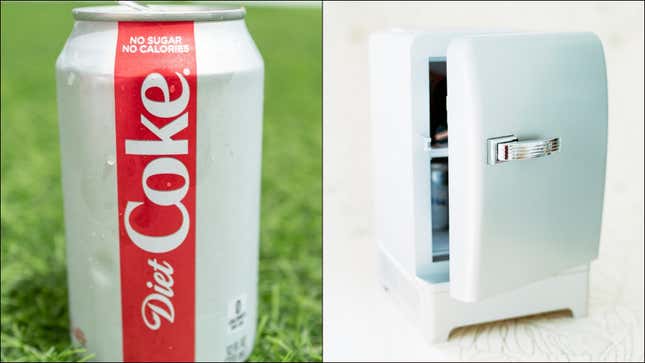 Can of Diet Coke next to a mini-fridge