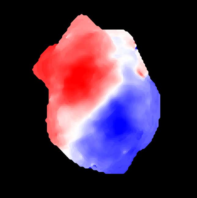 The galaxy’s rotation was indicated by the movement of gas toward the view (blue) and away (red).
