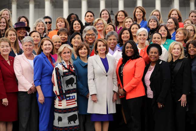 Speaker Nancy Pelosi (D-CA) (C front row) poses for photographs with all of her fellow House Democratic women in front of the U.S. Capitol January 04, 2019 in Washington, DC. The 116th Congress has the biggest number of female members ever while the number of Democratic women in the House has grown from 16 to 89 since 1989.