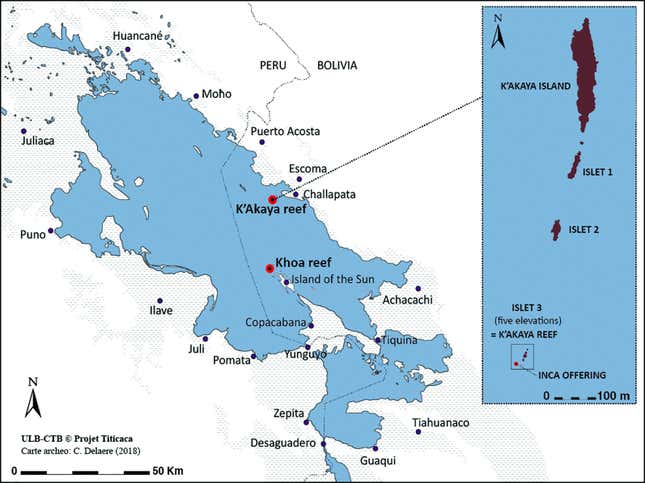 Map of Lake Titicaca, including the K’hoa and the K’akaya reefs.