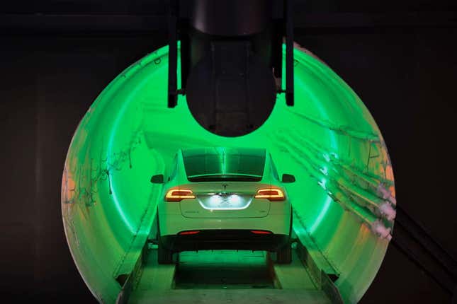 A Tesla in a tunnel in December 2018, an embarrassing spectacle after what had initially been promised by Elon Musk’s Boring Company.
