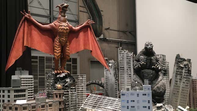 Rodan spreads his wings wide as Godzilla prepares to pounce at Toho’s Tokyo, Japan studio location.