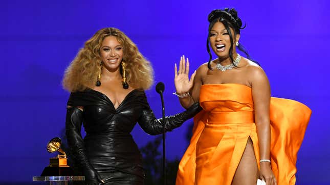 Beyoncé and Megan Thee Stallion accepts the Best Rap Performance award onstage during the 63rd Annual Grammy Awards on March 14, 2021.
