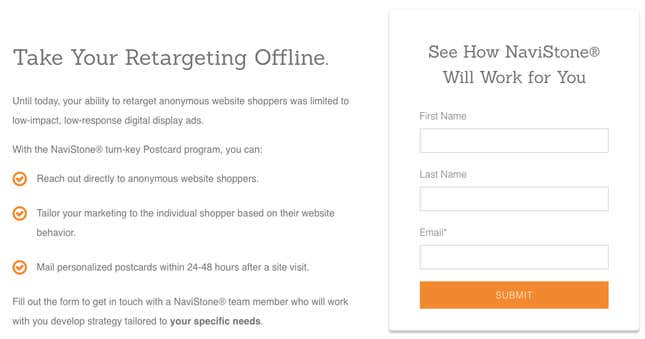 NaviStone says it can send personalized mail to anonymous website visitors with a day or two of their visit.