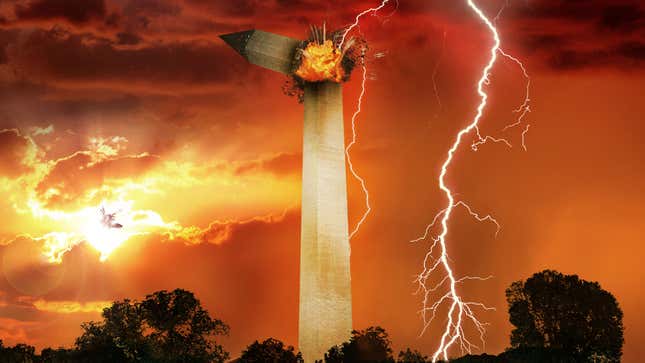 Image for article titled Lightning Bolt Blasts Washington Monument As Mike Pence, Pete Buttigieg Locked In Battle Of Prayers On National Mall