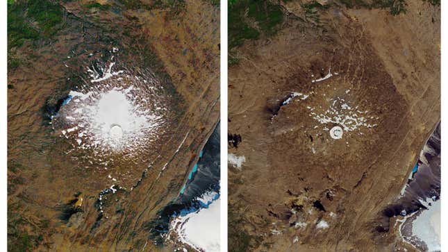 Así ha desaparecido el glaciar Okjökull. A la izquierda, una foto tomada en septiembre de 1986, a la derecha una tomada en agosto de 2019.
Foto: NASA (AP)