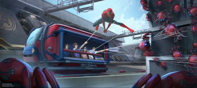 The web-shooting vehicle at the 2020 Spider-Man ride.