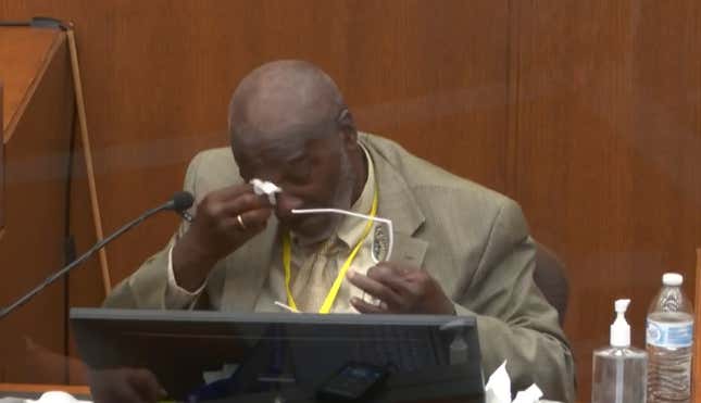 In this image from video, witness Charles McMillian becomes emotional as he answers questions as Hennepin County Judge Peter Cahill presides Wednesday, March 31, 2021, in the trial of former Minneapolis police Officer Derek Chauvin at the Hennepin County Courthouse in Minneapolis, Minn. Chauvin is charged in the May 25, 2020 death of George Floyd.