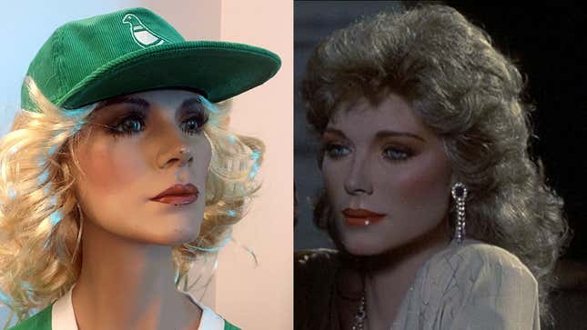 At left: Emmy, in the new Fashion District mall in Philadelphia. At right: Emmy, from the 1987 film Mannequin. 