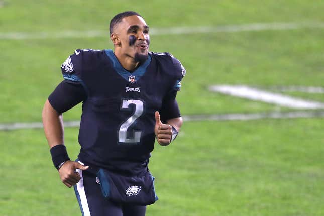 Quarterback Jalen Hurts of the Philadelphia Eagles runs off the field following the Eagles win over the New Orleans Saints at Lincoln Financial Field on December 13, 2020 in Philadelphia, Pennsylvania.