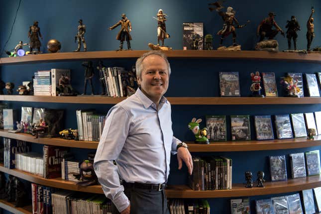 Ubisoft CEO Yves Guillemot posing in his office in the company’s headquarters in 2018.
