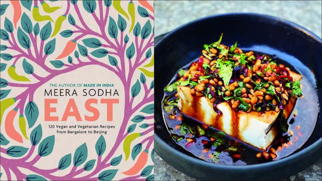 Left: Cover of Meera Sodha's cookbook, East; Right: Silken tofu with chili oil and pine nuts in a shallow bowl