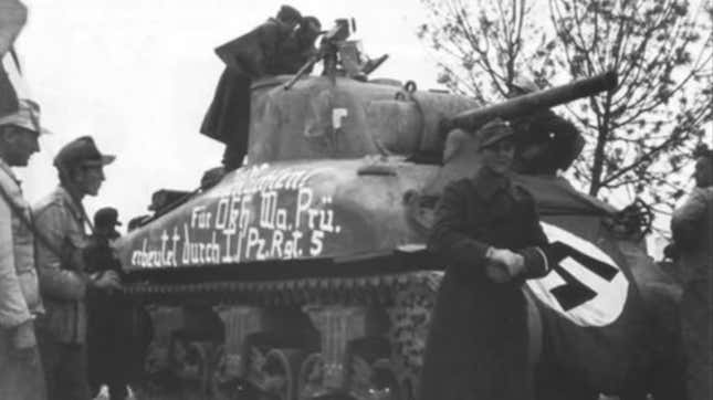 A captured M4A1 Sherman tank in German hands.
