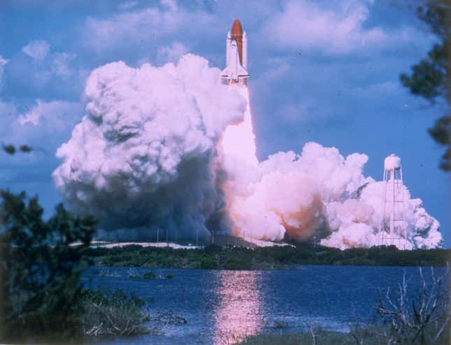 Circa 1981: NASA’s manned space shuttle taking off.