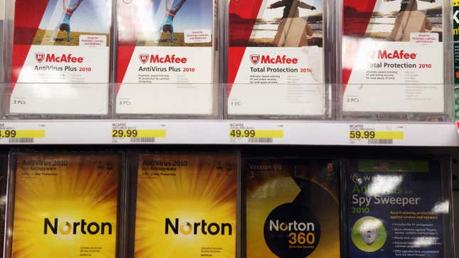 Boxes of McAfee security software are displayed alongside Norton Anti-virus software by Symantec on a shelf at a Target store August 19, 2010 in Colma, California. 