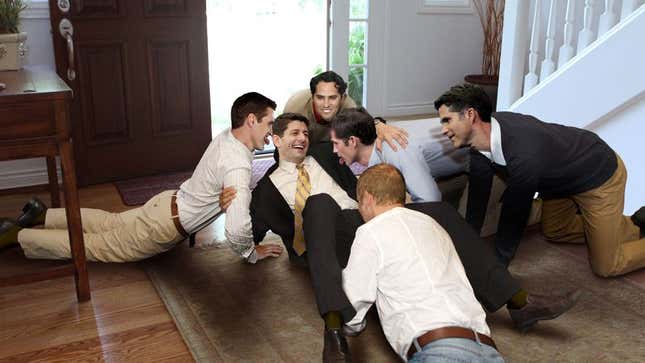 Image for article titled Paul Ryan Knocked Over By Pack Of Rambunctious Romney Boys