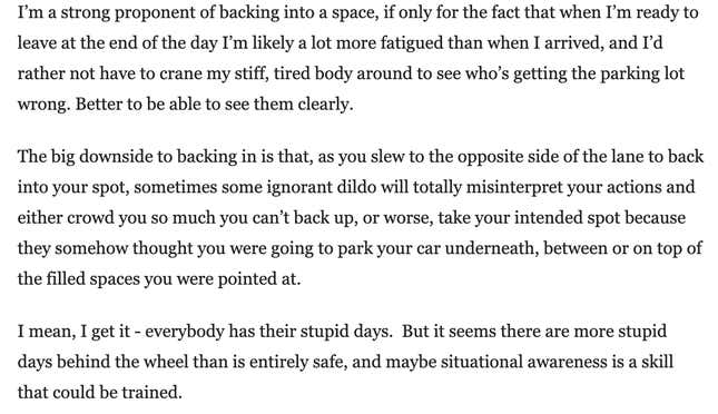 Image for article titled Here&#39;s What You Think About Backing Into Parking Spaces