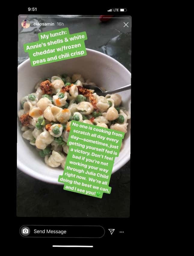 Samin Nostrat’s gentle Instagram story reminds us that it’s okay to just make food that is normal and not fancy, and not beat ourselves up about it. That is nice!