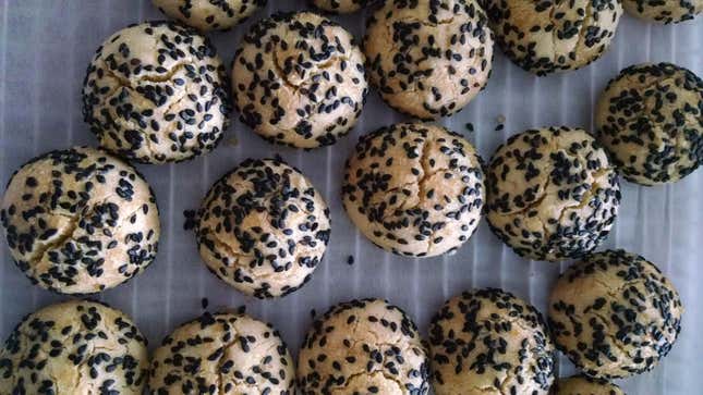 A batch of tahini cookies with black sesame seeds, which my phone apparently mistook as chocolate sprinkles.