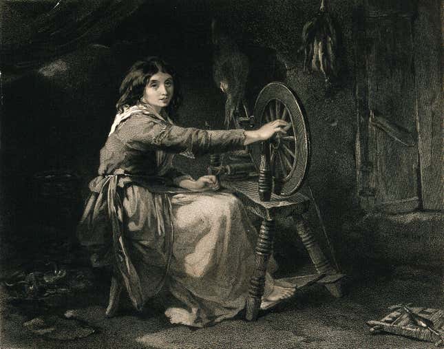 A young girl is sitting at a spinning wheel. Engraving by Francis Holl after F.W. Topham.