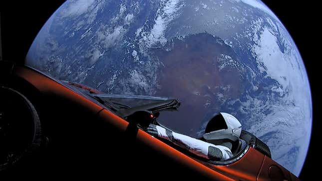 The red Tesla Roadster and Starman manikin shortly after launch. 